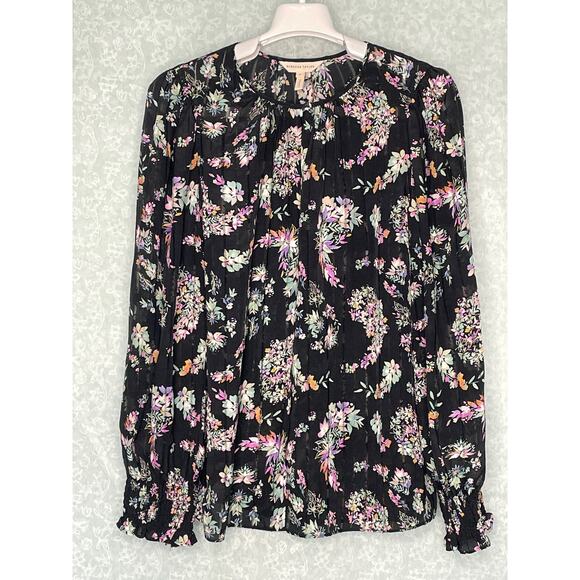 Rebecca Taylor Black Silk Floral Bouquet Keyhole Neck Long Sleeve Top Size 8 - Picture 2 of 11